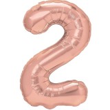 Balon din folie metalizata flippy, figurina cifra, tema aniversare 80 cm, ambalaj individual, pai inclus, umflare cu aer sau heliu, rose, cifra 2