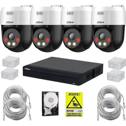 Sistem supraveghere IP inteligent Dahua, 4 camere rotative, 5MP, Alarma, Difuzor, NVR 4 canale, Switch PoE, Accesorii montaj, HDD SafetyGuard Surveill
