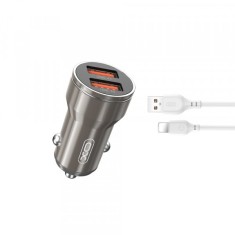 Incarcator Auto Cu Cablu Lightning XO Design CC48, 12W, 2.4A, 2 x USB-A, Gri