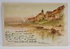 CASE SI BARCI PE MALUL RAULUI , LA APUS , CROMOLITOGRAFIE , FORMAT CARTE POSTALA , CLASICA