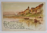 CASE SI BARCI PE MALUL RAULUI , LA APUS , CROMOLITOGRAFIE , FORMAT CARTE POSTALA , CLASICA