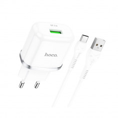 Set incarcator USB, QC 3.0 18W, cu cablu USB-C, Hoco N3 72939, priza Euro 100-240V, alb