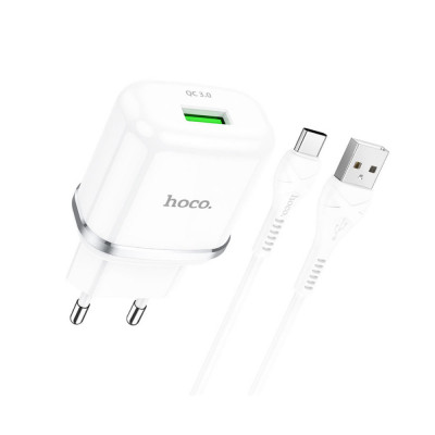 Set incarcator USB, QC 3.0 18W, cu cablu USB-C, Hoco N3 72939, priza Euro 100-240V, alb foto