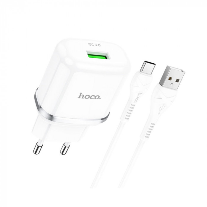 Set incarcator USB, QC 3.0 18W, cu cablu USB-C, Hoco N3 72939, priza Euro 100-240V, alb