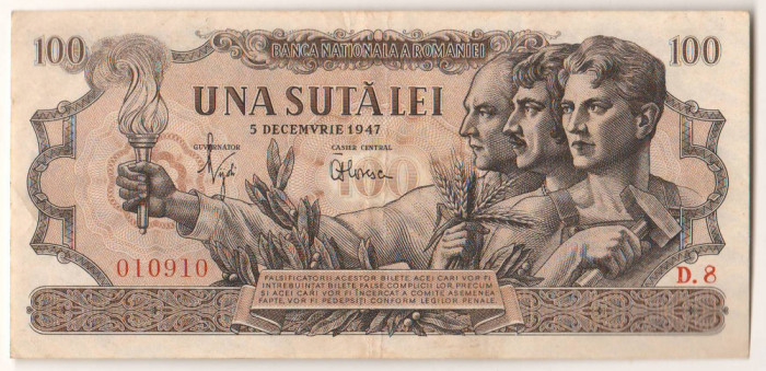 SV * Romania 100 LEI 1947 * 5 DECEMBRIE * +/- XF