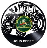 Ceas de perete decorativ realizat din disc de vinil, Model Tractor si Slogan John Deere, Negru, 30 cm