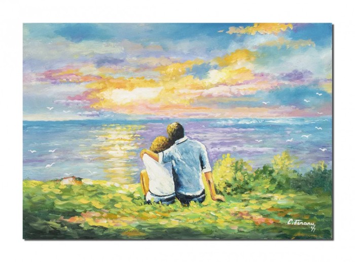 Tablou indragostiti pictat manual living, dormitor, Impreuna pentru totdeauna, 70x50cm ulei pe panza, Constantin Feraru