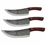 Set trei cutite de bucatarie DEPOX&reg;, Japanese Soul, lucrate manual, otel damasc, maner lemn, maro