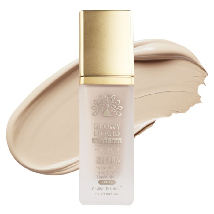Fond de ten Global Fashion, Glowy Liquid Foundation 4&icirc;n1: Primer + Corector + Iluminator + BB cream, SPF 15, K038,Deep Cocoa