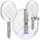 Paleta anti-insecte, electrica, cu maner reglabil, reincarcabila, cu suport pentru pozitionare, alb