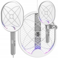 Paleta anti-insecte, electrica, cu maner reglabil, reincarcabila, cu suport pentru pozitionare, alb