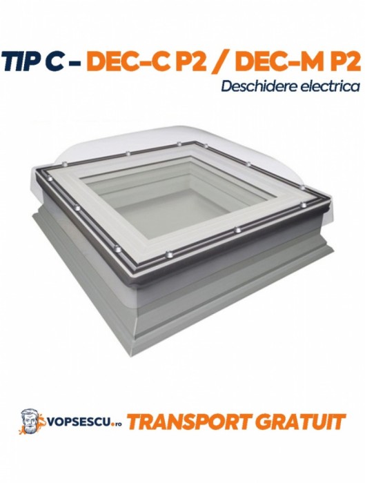 Fereastra cu cupola Tip C pentru acoperis terasa, Fakro model DEC-C P2 / DEC-M P2, cu deschidere electrica