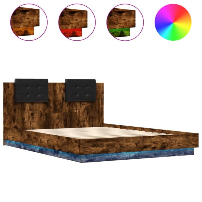Cadru de pat cu tablie si lumini LED, stejar fumuriu, 150x200cm