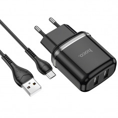 Incarcator Retea cu cablu MicroUSB HOCO N4, 2 X USB, 2.4A, Negru