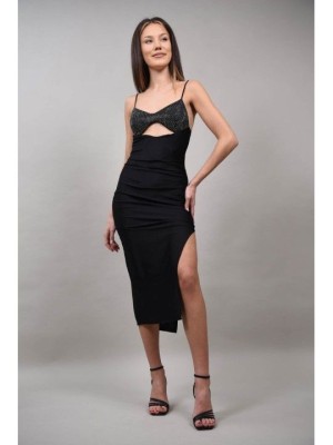 ROCHIE LUNGA DE OCAZIE CUPE CU STRASURI APLICATE ILLUSTRE Negru XS-S foto