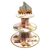 Etajera pentru Prajituri, Cyrax, din Carton, 3 Nivele, 16/22/29 cm Diametru, Inaltime 38 cm, Tema Utilaje de Santier, Multicolor