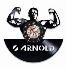 Ceas de perete decorativ Arnold Schwarzenegger, realizat din disc de vinil upcycled, model Fitness/Bodybuilding, negru, 30 cm