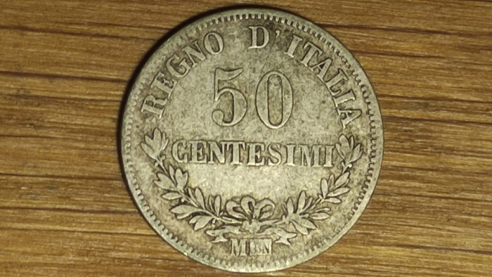Italia - moneda de colectie argint - 50 centesimi 1863 MBN (Milan) - argint 835 - stare buna ! - Victor Emmanuel II