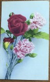 CPISTR7 Ilustrata Veche Flori Trandafir Rosu Garoafe Roz Grafica Retro / Vintage Flower Postcard Red Rose Pink Carnations Retro Graphic Art