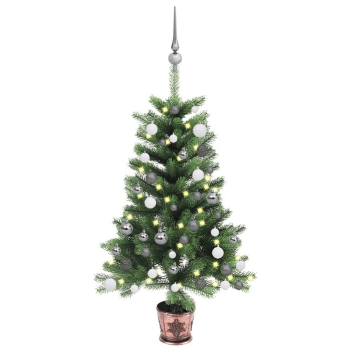 Brad Crăciun pre-iluminat artificial, set globuri, verde, 65 cm
