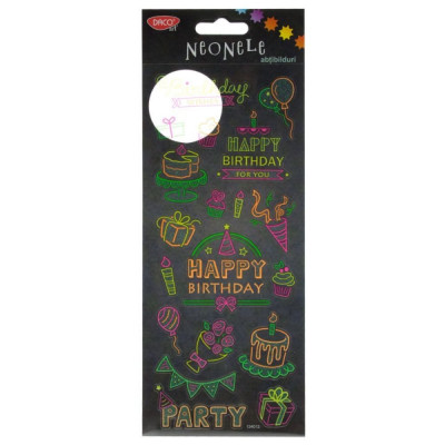 Abtibilduri DACO Neonele, Model Happy Birthday, Multicolor, 1 Folie, Autocolante Copii, Stickere Decorative, Stickere pentru Copii, Abtibilduri Copii, foto