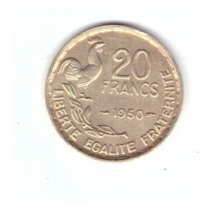 Moneda Franta 20 frnaci/francs 1950 Georges Guiraud, cu 3 pene, stare foarte bun