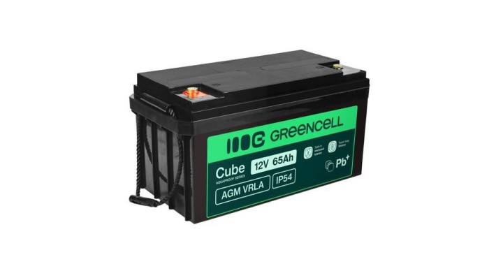 Baterie fără &icirc;ntreținere Green Cell Cube AGM VRLA IP54 12V 65Ah pentru mașini de tuns iarba, scutere, bărci și scaune cu rotile.