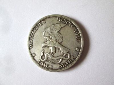 Rara! Prusia 3 Mark 1913 aUNC argint cu patina deosebita,moneda comemorativa victoria impotriva lui Napoleon foto