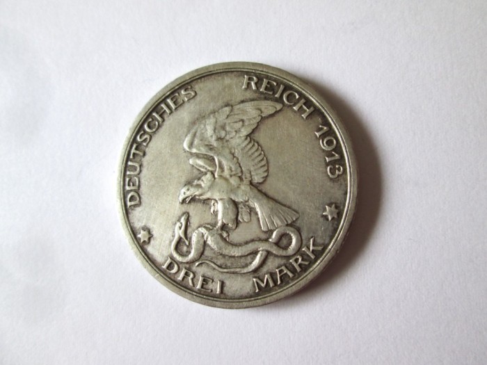 Rara! Prusia 3 Mark 1913 aUNC argint cu patina deosebita,moneda comemorativa victoria impotriva lui Napoleon