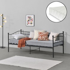 Pat rama metalica ArjeplogS cu saltea 200 x 90 x 16 cm negru mat [en.casa] HausGarden Leisure