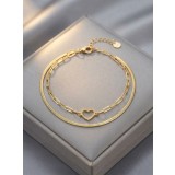 Bratara Dubla din Argint 925 Placat cu Aur Galben, Model Herringbone si Zale cu Inima (2.6g, 17+3cm)