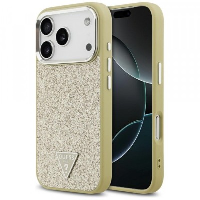 Husa MagSafe pentru Apple iPhone 17 Pro, Guess, Glitter Triangle Logo, Aurie foto