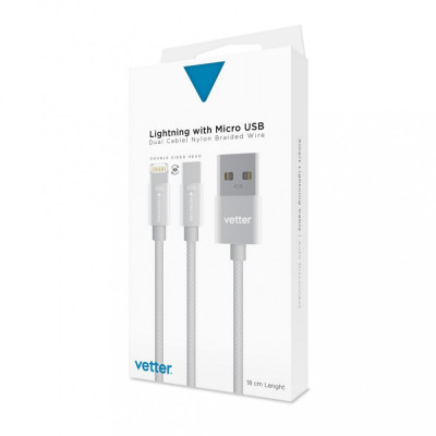 Cablu Vetter Dual, Lightning - Micro USB, Nylon Braided Wire, 18cm, Gri foto