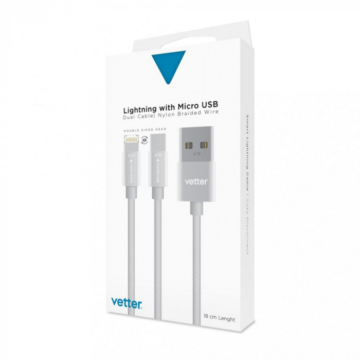 Cablu Vetter Dual, Lightning - Micro USB, Nylon Braided Wire, 18cm, Gri