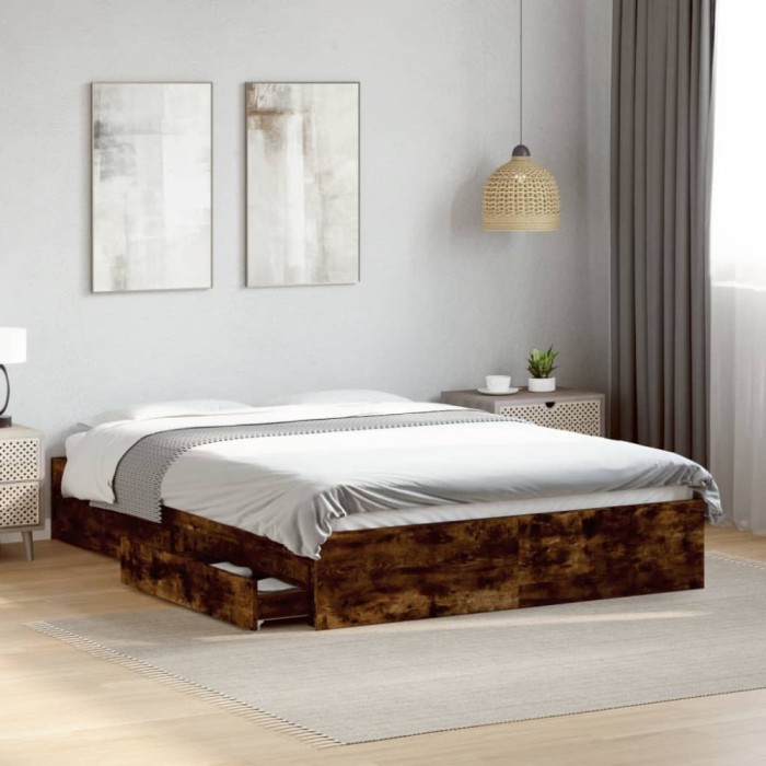 vidaXL Cadru pat cu sertare stejar fumuriu 120x200 cm lemn prelucrat 3280668