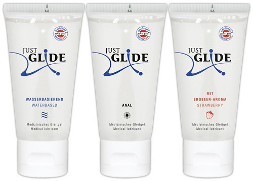 Set Lubrifianti Just Glide - Pe Baza De Apa + Anal + Aroma Capsune, 3 x 200 ml