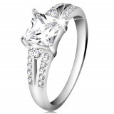 Inel de logodnă, argint 925, zirconiu pătrat, transparent, braţe decorate - Marime inel: 49