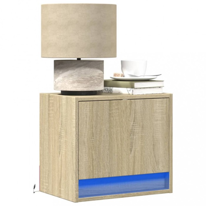 vidaXL Noptiere montate pe perete cu lumini LED, 2 buc., stejar sonoma