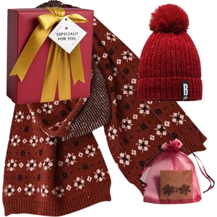 Set Cadou Craciun Fular, Caciula si Cercei Fulgi de Nea