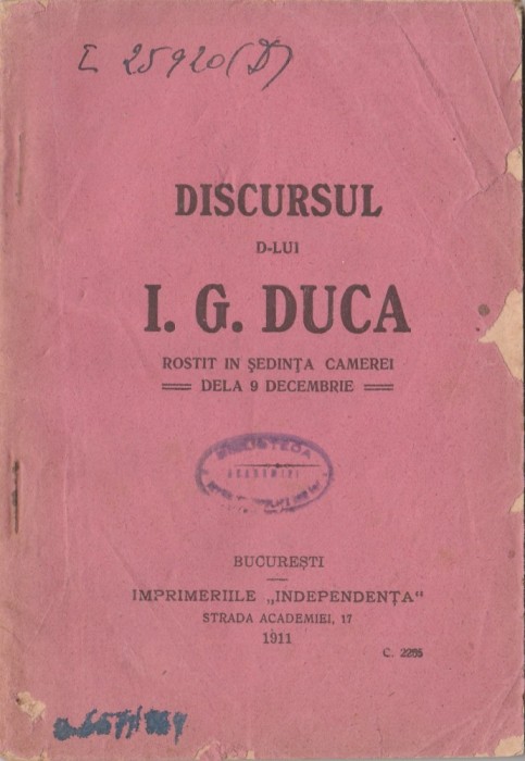 Discursul lui I.G. Duca rostit in sedinta Camerei (9 decembrie 1910)