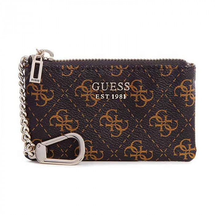 Portmoneu din piele pentru femei Guess Noelle Zip Coin Pouch, Maro/Auriu