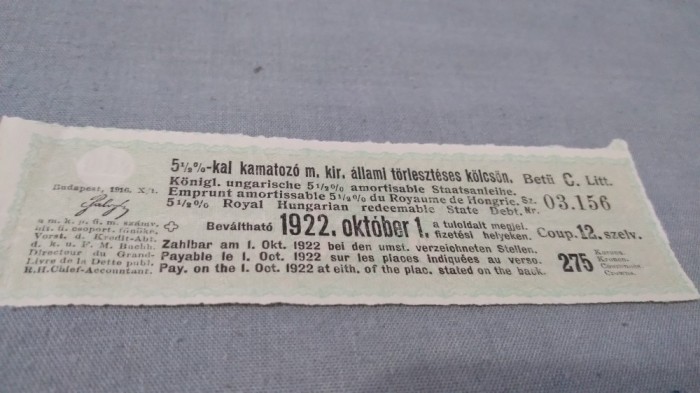 CUPOANE /BON DE TREZORERIE CU REDUCERE 1922 UNGARIA