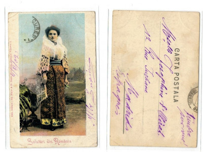 Salutari din Romania, port popular, ilustrata litho circul. 1902 foto