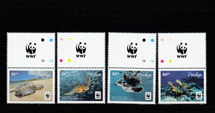 Penrhyn 2014-Fauna,WWF,Reptile,Testoase,serie 4 valori cu vignete,MNH,Mi.757-760