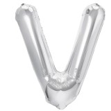 Balon folie metalizata litera v, flippy, 40 cm, umflati cu heliu sau aer, ambalaj individual, pai inclus, argintiu