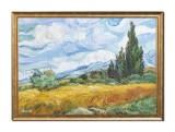 Cumpara ieftin Tablou celebru inramat pictat manual, Camp cu grau si chiparosi, 75x55cm ulei pe panza reproducere Vincent van Gogh