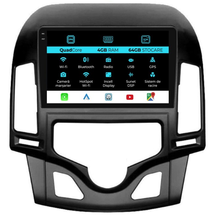 Navigatie Dedicata Hyundai I30 (2007-2012),QuadCore, 9Inch, 4Gb Ram, 64Gb Stocare, Carplay, Climatronic