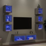 vidaXL Unități de perete TV cu LED-uri, 8 piese, gri sonoma, lemn