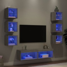 vidaXL Unități de perete TV cu LED-uri, 8 piese, gri sonoma, lemn 3216638