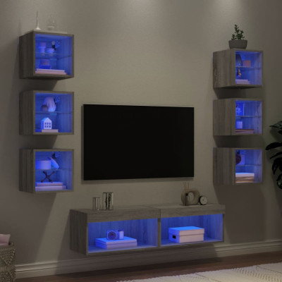 Unitati de perete TV cu LED-uri, 8 piese, gri sonoma, lemn GartenMobel Dekor foto